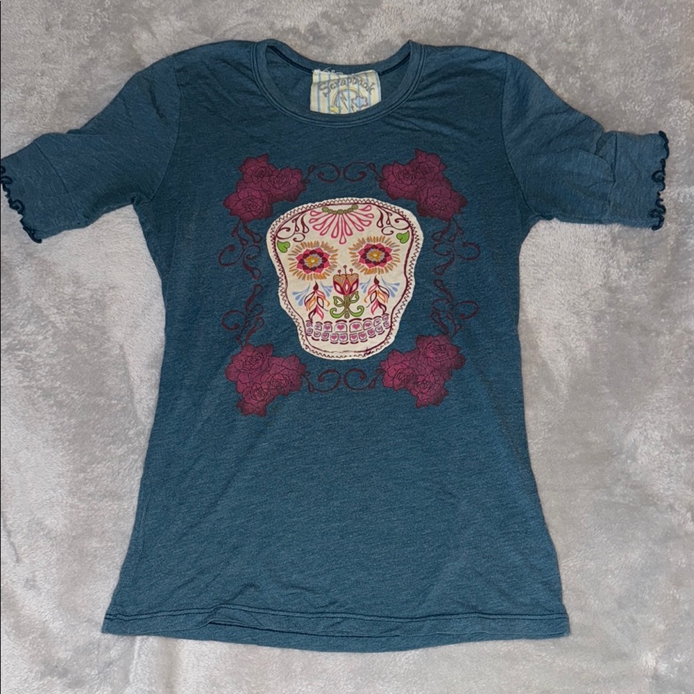Scrapbook Blue and Red Short Sleeve Tee with Playful Skull Design